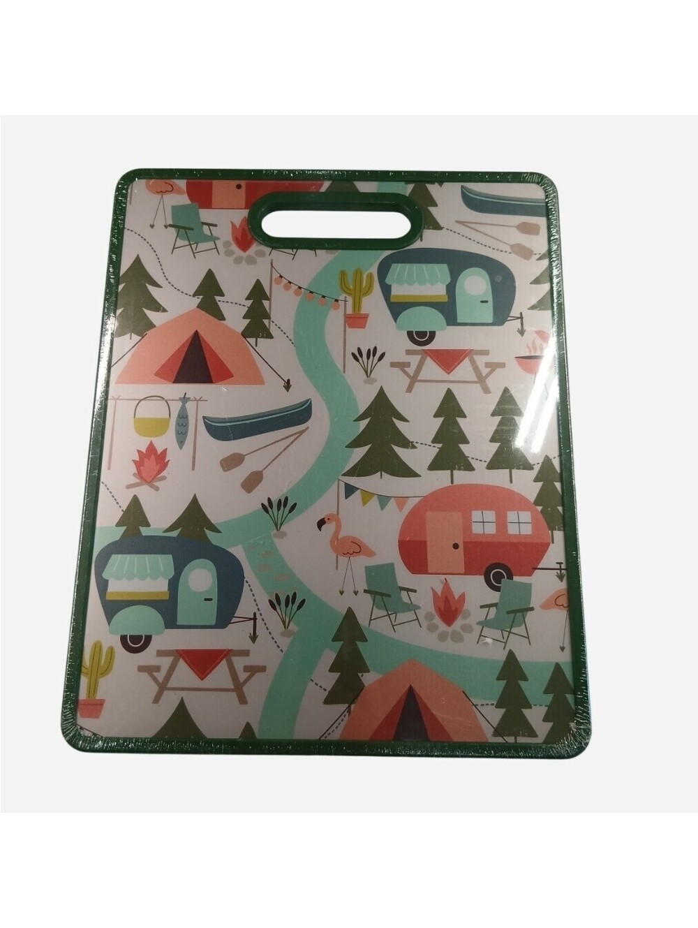 Happy Camper Plastic Cutting Board Retro RV Travel Trailer Camping Pattern